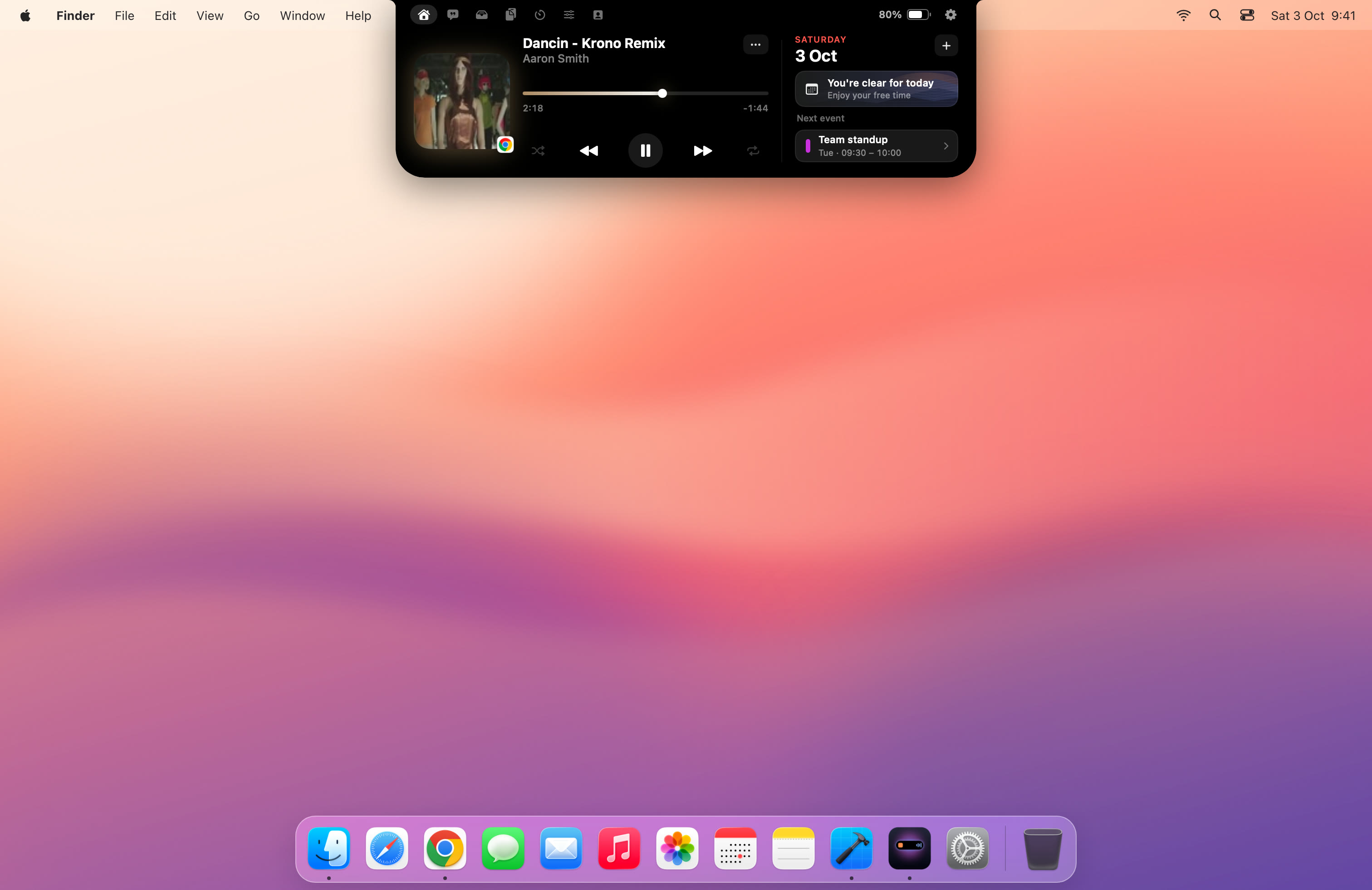 Halo open in a MacBook notch: now playing, today's date and the next calendar event